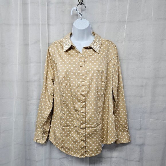 Lane Bryant Tan White Polka Dot Blouse Beaded Button-Down 16 - Picture 12 of 12